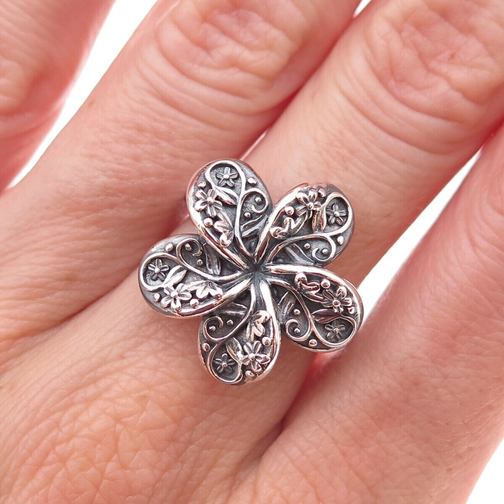 925 Sterling Silver Vintage Floral Scroll Oxidized Ring Size 7.25